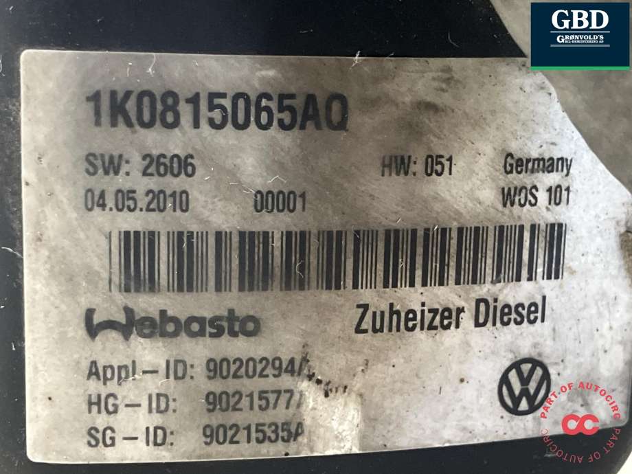 Dieselvarmer til VW Caddy 2004-2010 (Type III, Fase 1)  (WEBASTO|1K0 815 071 AH|1K0 815 071 T|1K0 815 065 AQ)