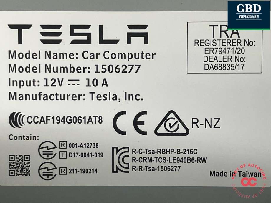 Styreenhet autopilot til Tesla Model 3 2018-2023 (Fase 1) (1681271-S0-J|1681271-S0-H|1681271-S0-K| 1566786-01-C)
