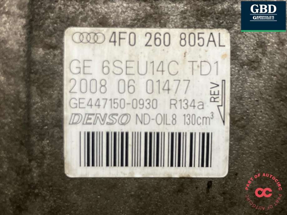 Aircondition kompressor til Audi A6 2008-2011 (Type III, Fase 2) (C6) (C6) (DENSO|4F0 260 805 AP|4F0 260 805 AL|GE447150-0930)