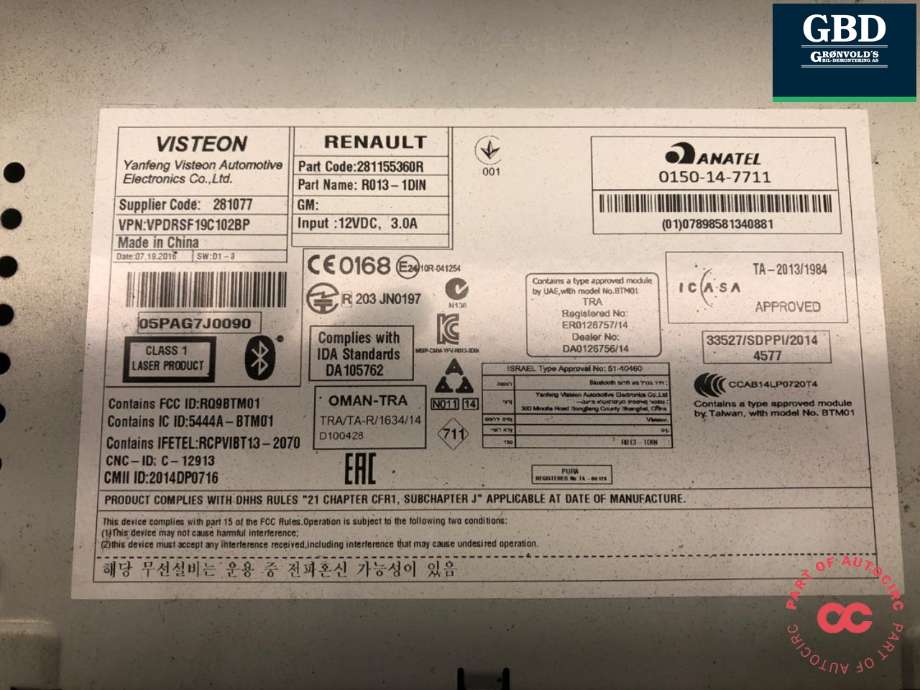 Bilstereo til Renault Master 2014-->> (Type III, Fase 2)  (281155360R|)