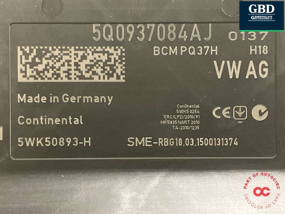 Styreenhet comfort (BCM) til Audi A3 2012-2016 (Type III, Fase 1) (CONTINENTAL|5Q0 937 084 AJ|5Q0 937 084 AJ Z00|5WK50893-H)