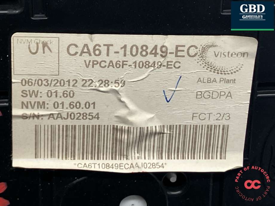 Instrumentpanel til Ford Fiesta 2008-2012 (Type VI, Fase 1) (1775546|CU6T-10849-ED|CA6T-10849-EC)