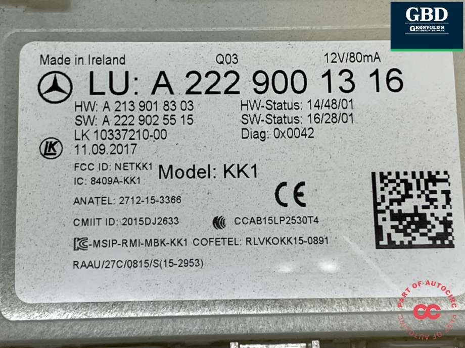 Styreenhet diverse til Mercedes S-Klasse 2013-2020 (W222) (W222) (A 222 900 13 16|)