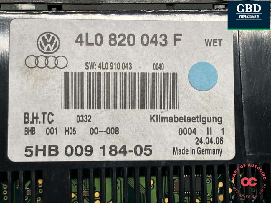 Varmeapparat betjening til Audi Q7 2006-2010 (Type I, Fase 1)  (4L0 820 043 F|)