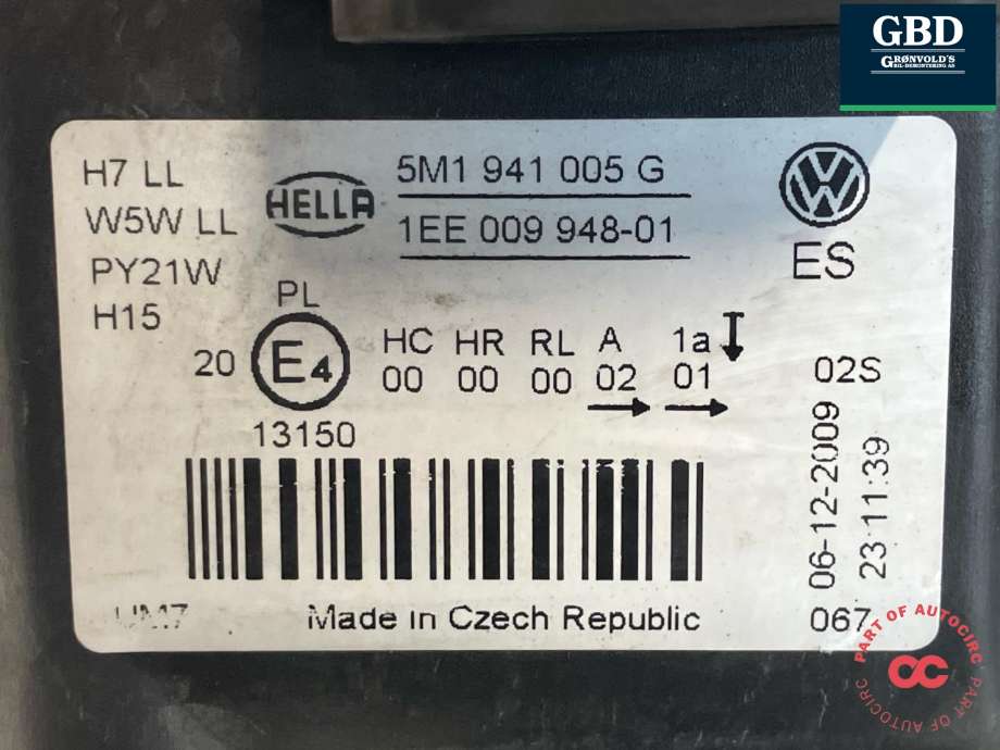 Frontlykt venstre halogen til VW Golf, Plus/Cross 2009-2013 (Fase 2) (5M1 941 005 G|)