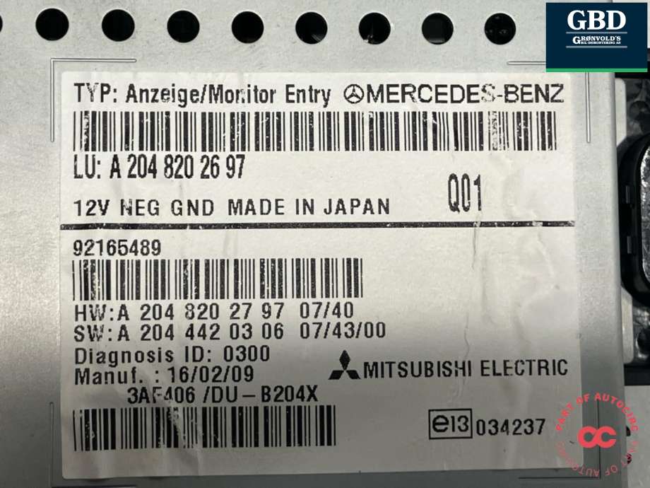Bilstereo navigasjon skjerm til Mercedes GLK 2008-2015 (X204) (X204) (A 204 820 26 97|)