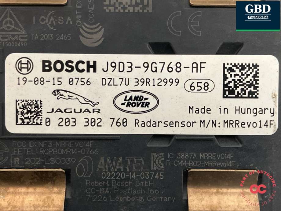Sensor radar til Jaguar I-PACE 2018-->>  (BOSCH|T4K4056|J9D39G768AG|J9D3-9G768-AF| 0 203 302 760)