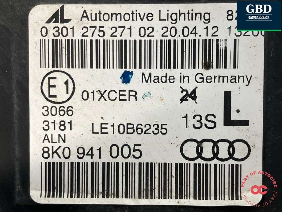 Frontlykt venstre xenon til Audi A4 2007-2014 (Type IV) (B8) (B8) (8K0 941 043|)