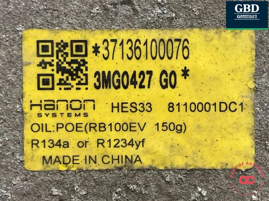 Aircondition kompressor elbil til XPeng G3 2021-->>  (8110001DC1-00-03|37136100076|3MG0427 G0)