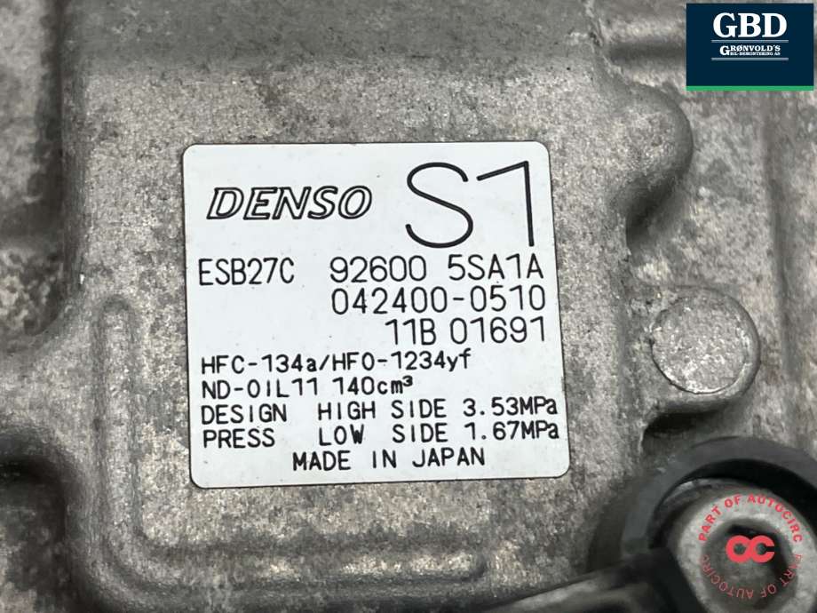 Aircondition kompressor elbil til Nissan Leaf 2018-->> (Type II) (926005SA1B|926005SA1A|)