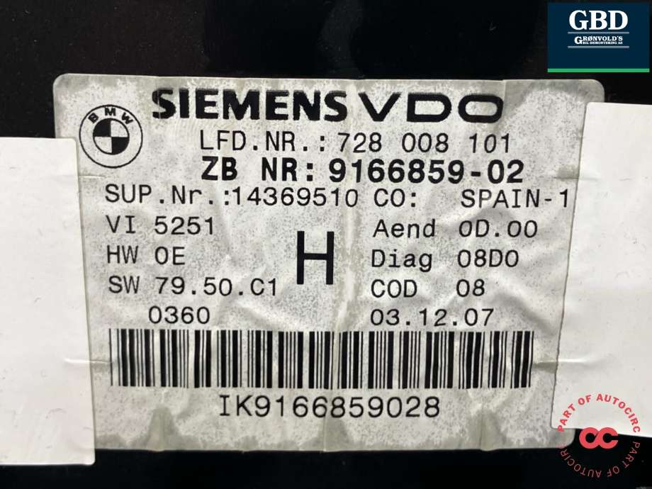 Instrumentpanel til BMW 3-Serie 2005-2011 (E90/E91/E92/E93) (E90/E91/E92/E93) (62 10 9 316 127|A2C 532 866 28|)