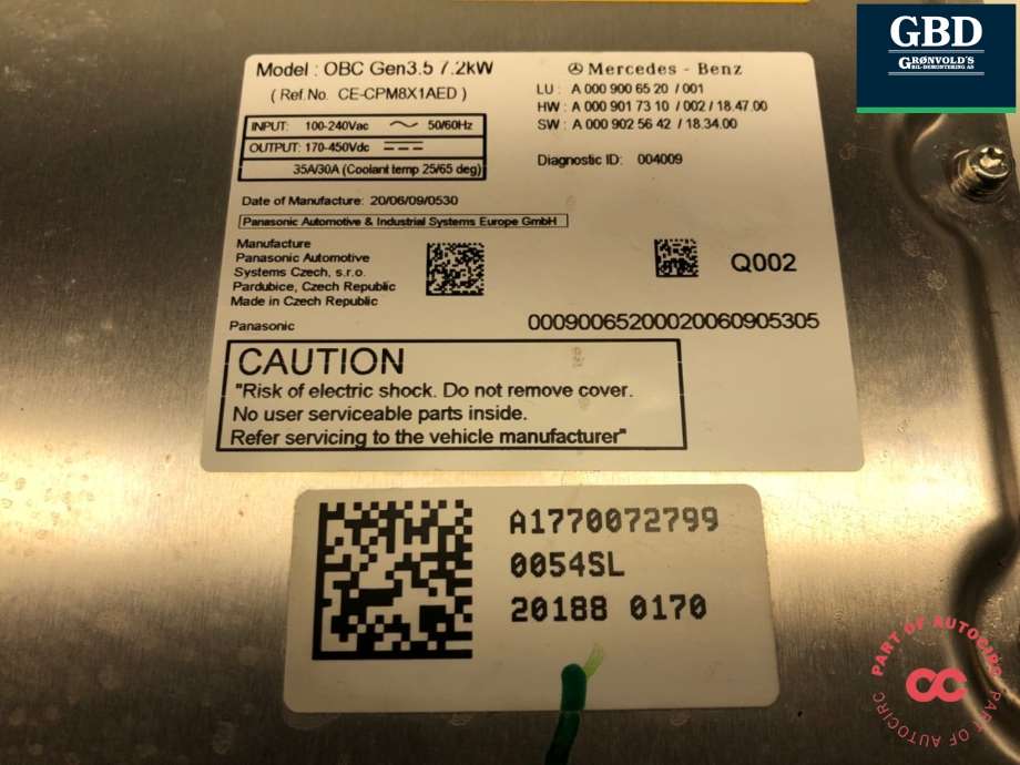 Batterilader (OBC - On Board Charger) til Mercedes A-Klasse 2018-->> (W177) (W177) (A 000 900 65 20|A 000 900 65 20 80|)