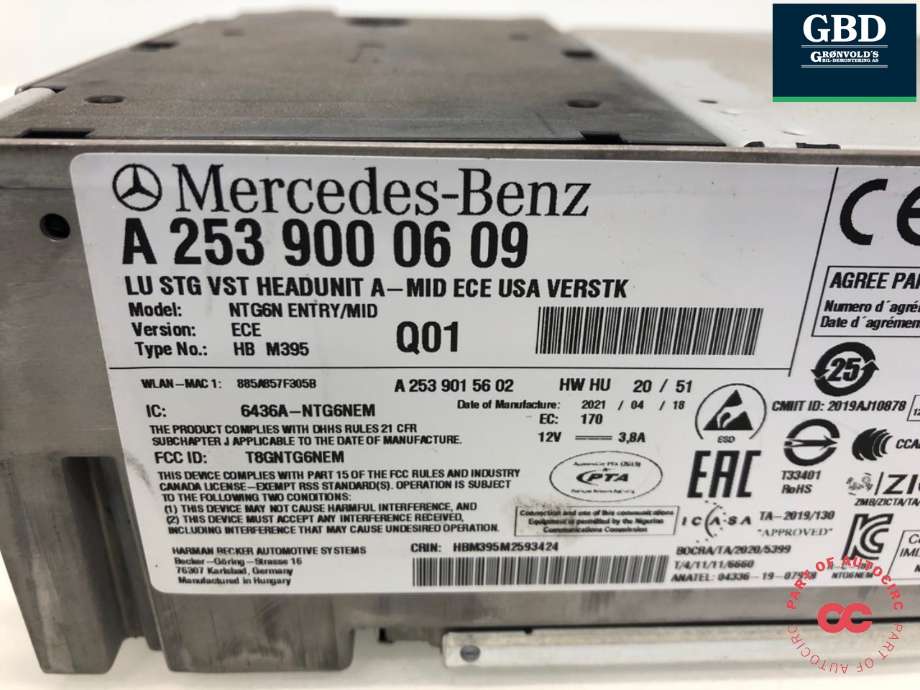 Bilstereo navigasjon til Mercedes EQC 2019-->> (A 253 900 06 09|)