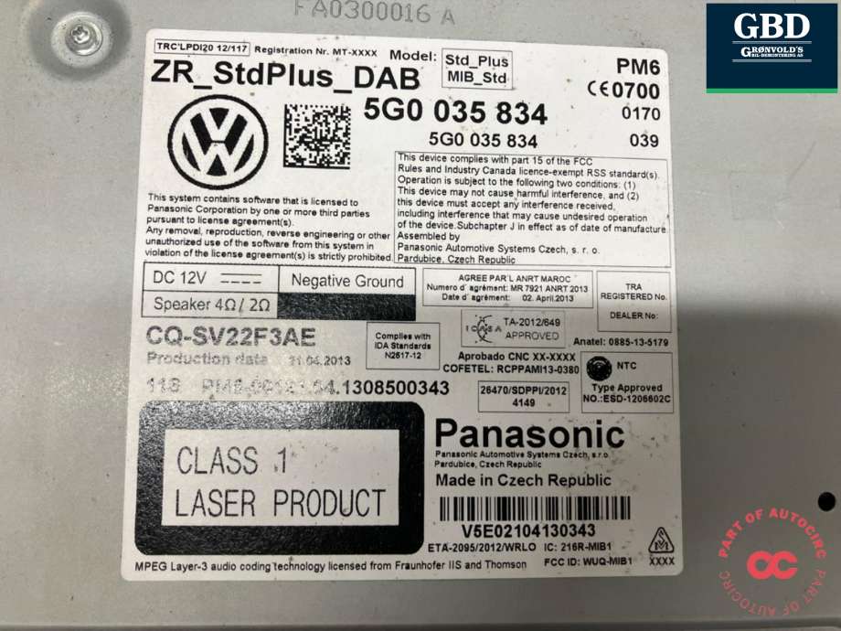Bilstereo navigasjon til VW Golf VII 2012-2017 (Fase 1) (5G0 035 834|5G0 035 834 X|)
