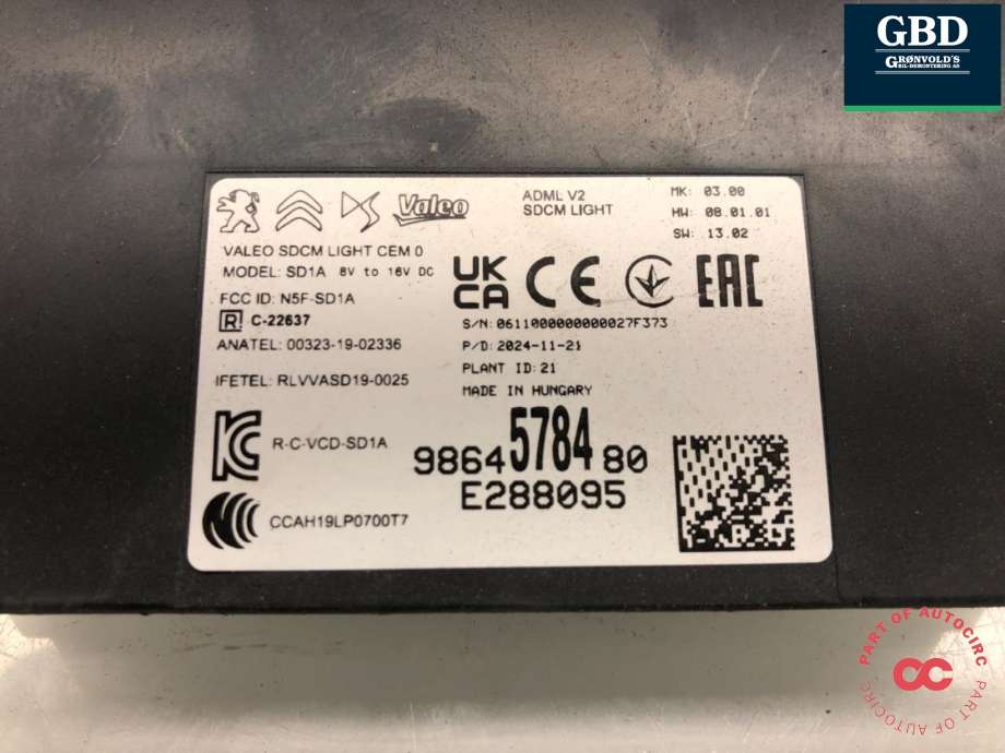 Styreenhet lys (LCM - Light Control Module) til Peugeot e-3008 2023-->>  (98 645 784 80|)