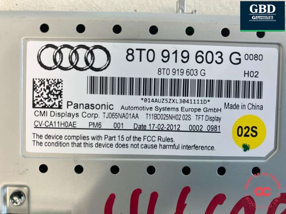 Bilstereo navigasjon skjerm til Audi A4 2007-2014 (Type IV) (B8) (B8) (8T0 057 603 G|)