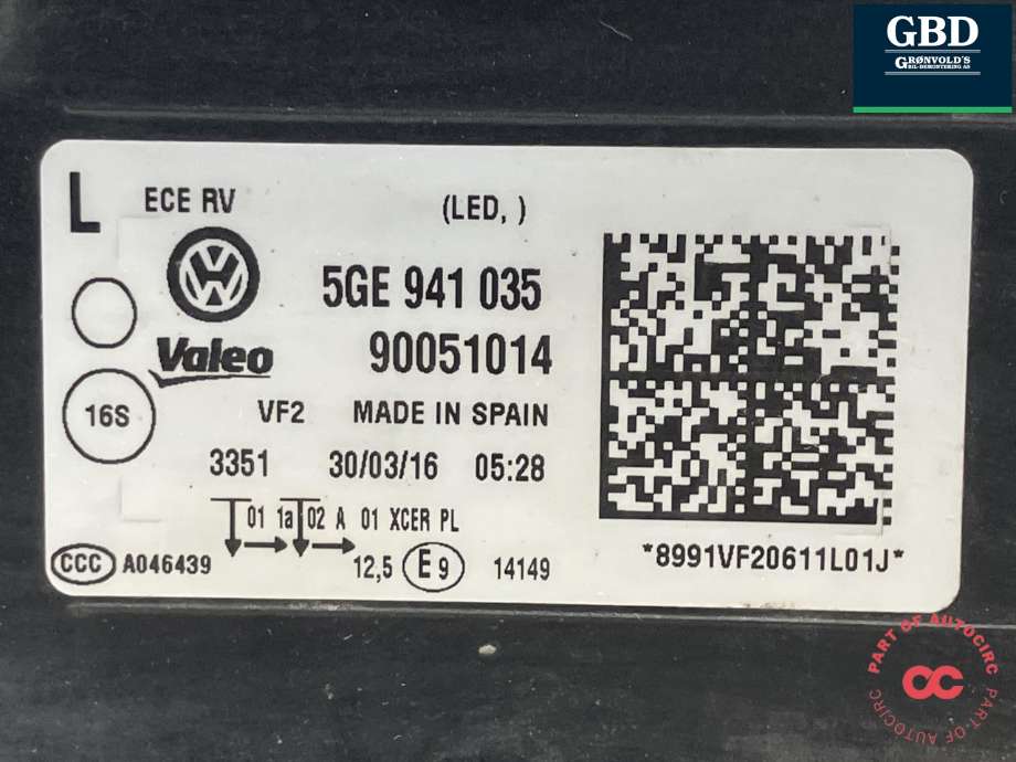 Frontlykt venstre full-LED til VW Golf VII 2012-2017 (Fase 1)  (VALEO|5GE 941 773|5GE 941 035|90051014)