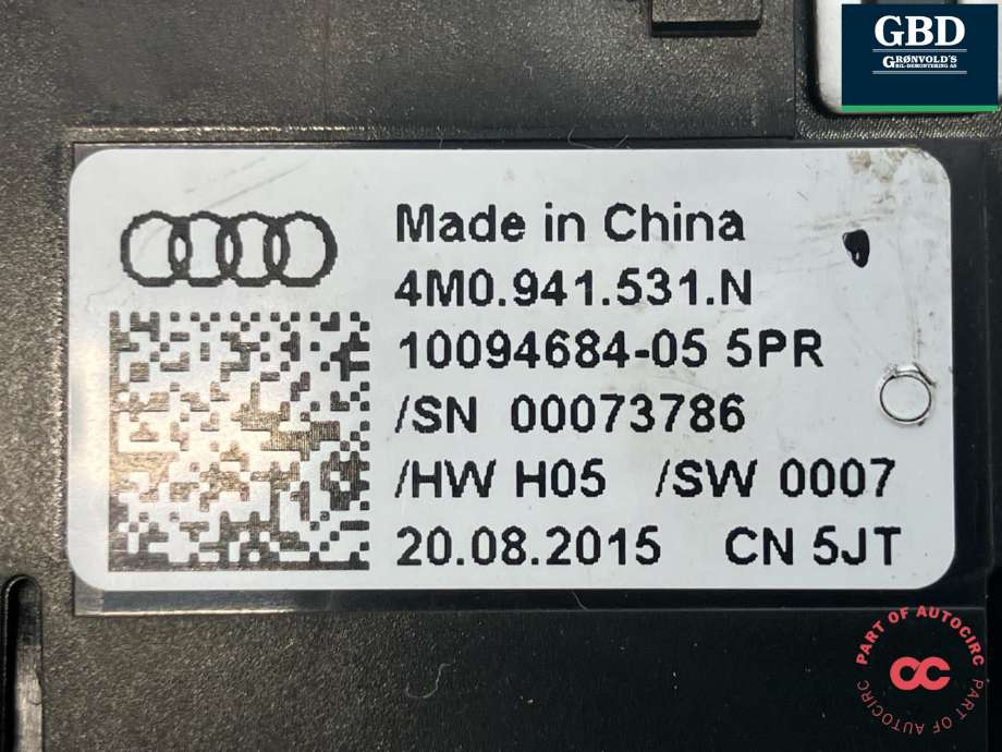 Bryter lys til Audi A4 2015-2019 (Type V, Fase 1) (B9) (B9) (4M0 941 531 N|10094684-05 5PR|)