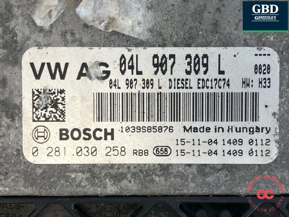 Styreenhet motor til Audi A4 2015-2019 (Type V, Fase 1) (B9) (B9) (BOSCH|04L 906 026 AG|04L 906 026 AG 8WA|0 281 030 258)