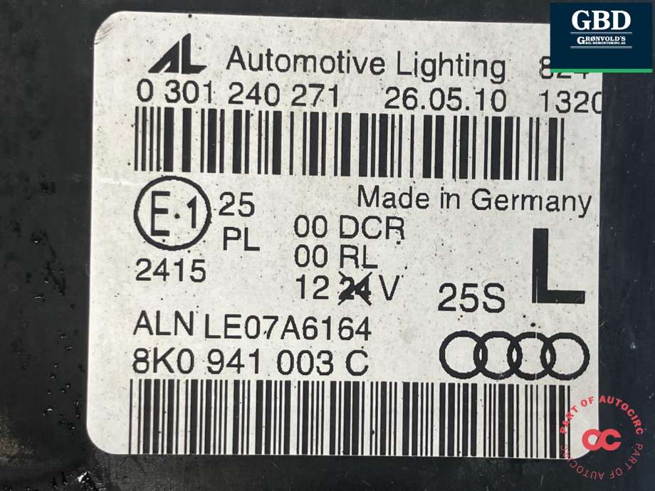 Frontlykt venstre xenon til Audi A4 2007-2014 (Type IV) (B8) (B8) (8K0 941 029 AJ|8K0 941 003 C|0 301 240 271)