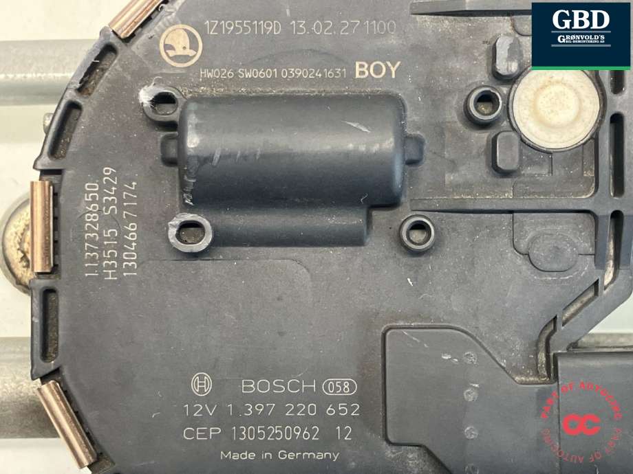 Viskermotor frontrute komplett m/overføring til Škoda Octavia 2013-2016 (Type III, Fase 1)  (BOSCH|1Z1 955 119 D|1Z1 955 601| 1 397 220 652|1Z1 955 023E| 3 397 021 452)