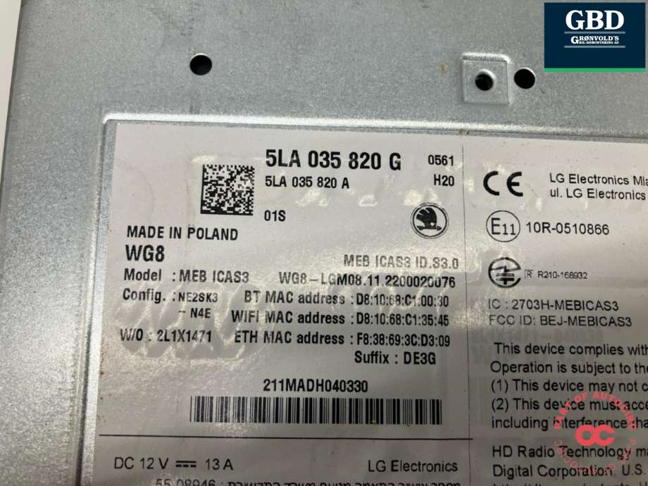 Bilstereo navigasjon spiller til Škoda Enyaq 2021-->> (5LA 035 820 G|)
