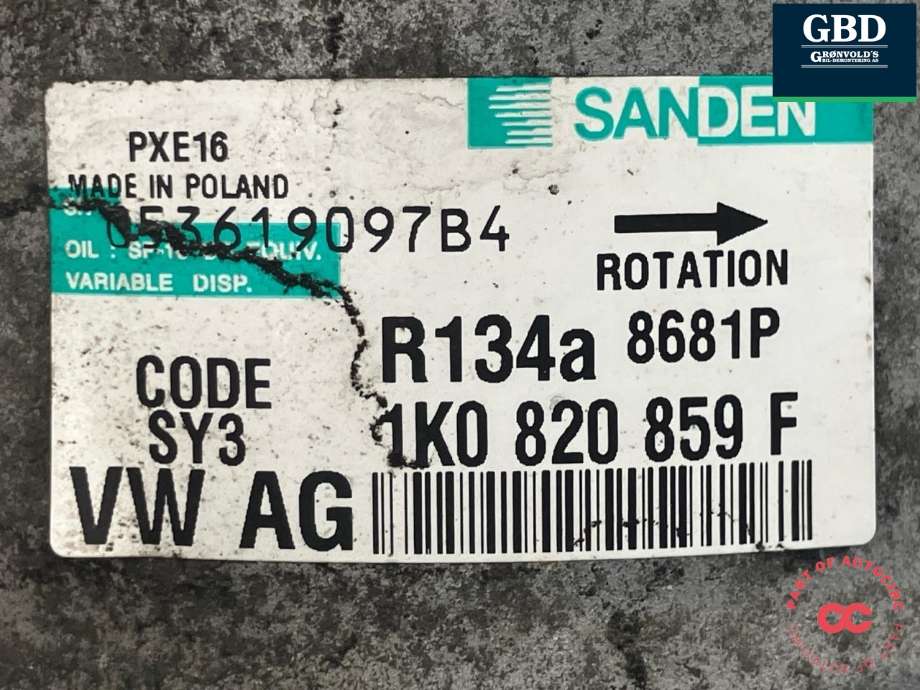 Aircondition kompressor til Škoda Octavia 2005-2008 (Type II, Fase 1)  (1K0 820 808 F|1K0 820 859 QX|)