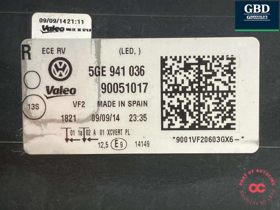 Frontlykt høyre full-LED til VW e-Golf 2014-2017 (Fase 1) (VALEO|5GE 941 774|5GE 941 036|90051017)