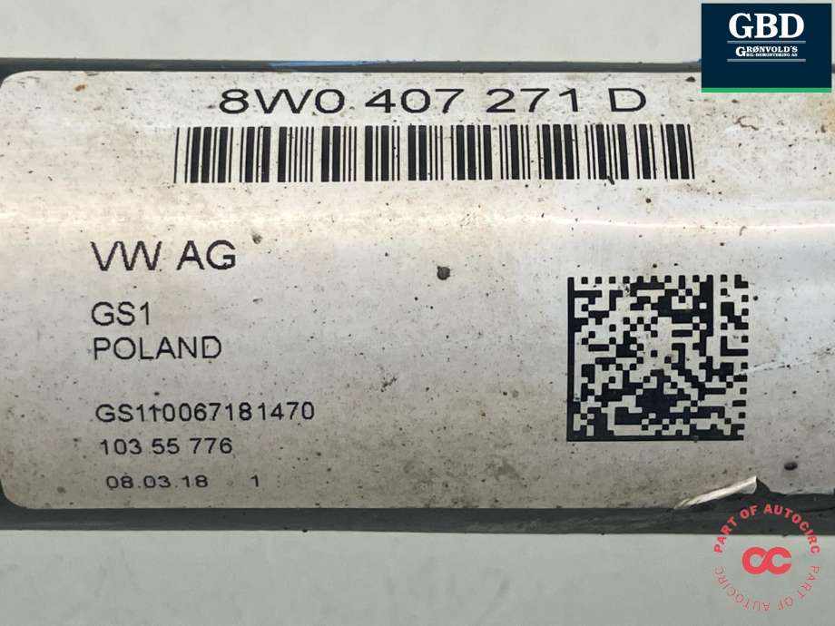 Drivaksel høyre foran, diesel/automat til Audi A4, Allroad 2016-->> (Type II) (B9) (B9) (8W0 407 271 L|8W0 407 271 D|103 55 776)