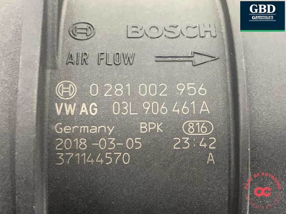 Luftmengde/luftmassemåler til Audi A4, Allroad 2016-->> (Type II) (B9) (B9) (BOSCH|03L 906 461 A|0 281 002 956|)