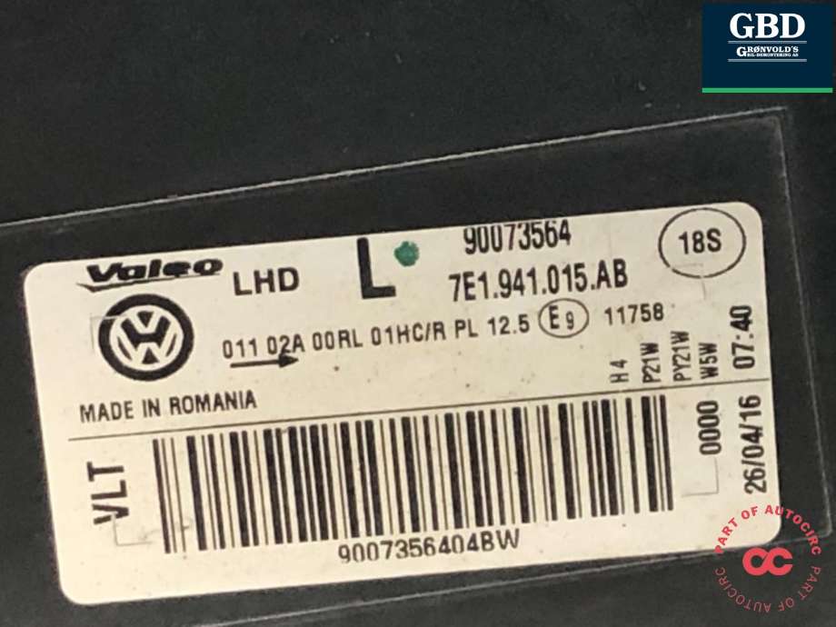 Frontlykt venstre halogen til VW Transporter / Caravelle 2015-2019 (T6) (T6) (7E1 941 015 AD|7E1941015AB|)