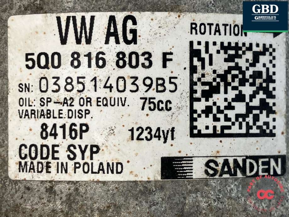 Aircondition kompressor til VW Touran 2015-2021 (Type II)  (5Q0 816 803 D|5Q0 816 803 F|)