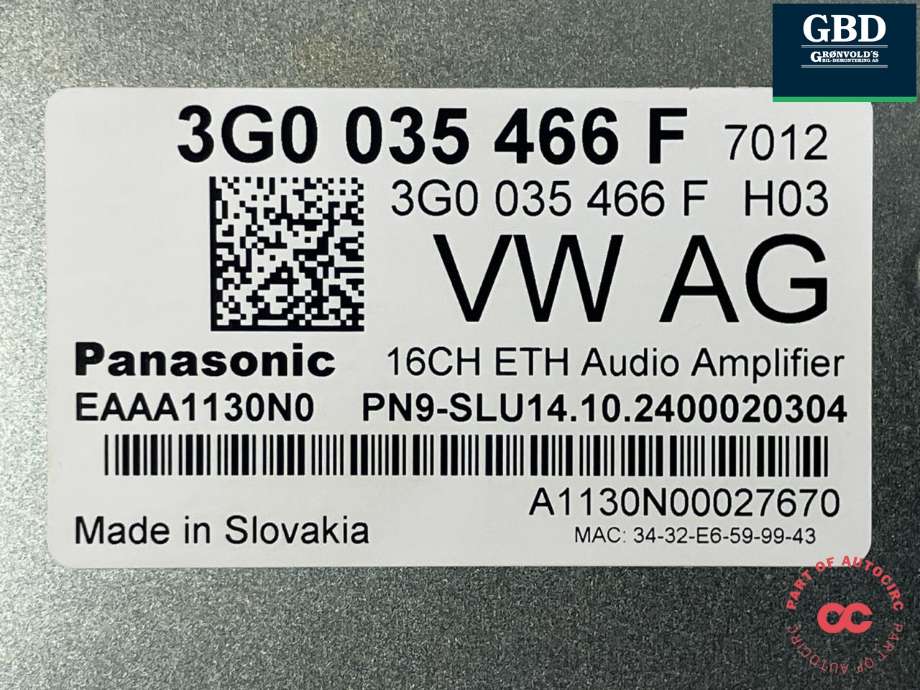 Bilstereo forsterker til VW ID.7 2023-->> (PANASONIC|3G0 035 466 F|EAAA1130N0|A1130N00027670)