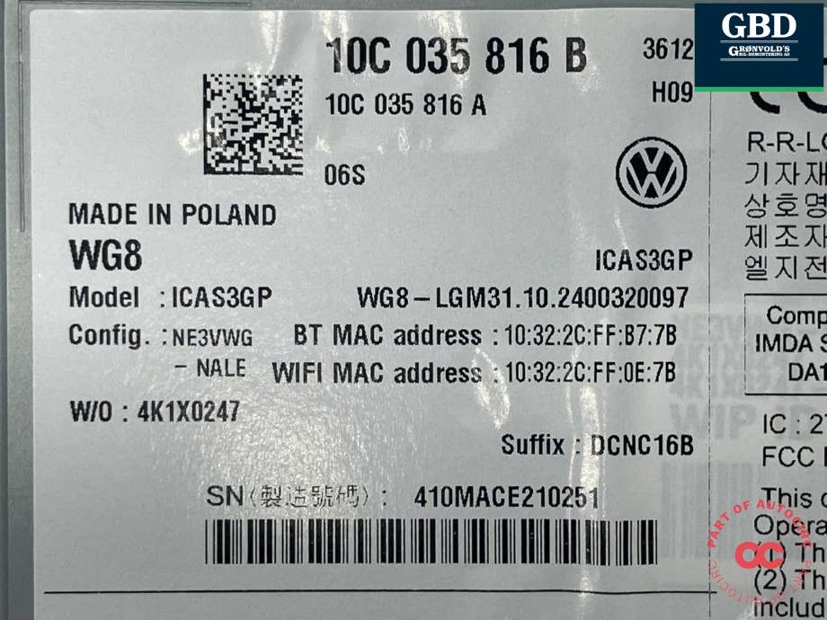 Bilstereo navigasjon spiller til VW ID.7 2023-->>  (10C 035 816 B|10C 035 816 A|ICAS3GP)