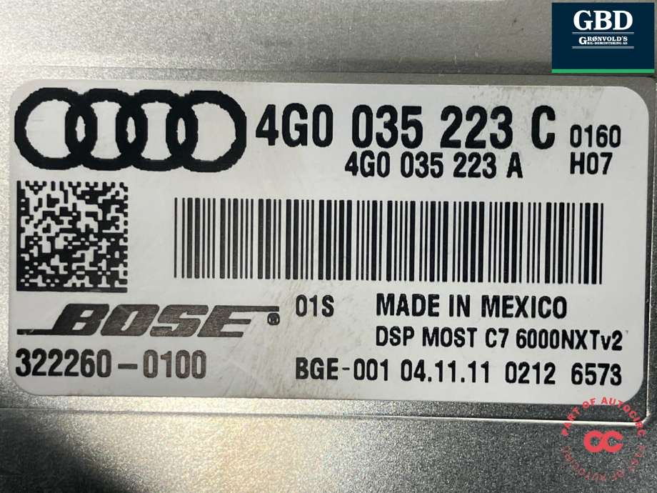 Bilstereo forsterker til Audi A7 2010-2014 (Type I, Fase 1) (BOSE|4G0 035 223 C|322260-0100|)