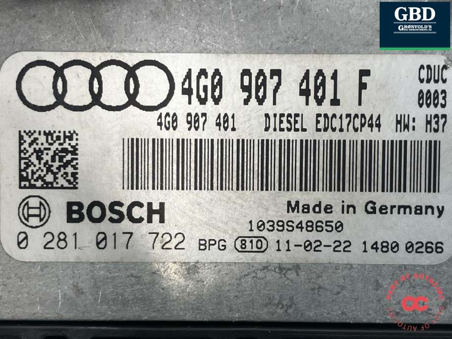 Styreenhet motor til Audi A7 2010-2014 (Type I, Fase 1)  (BOSCH|4G0 907 401 F|0 281 017 722|)