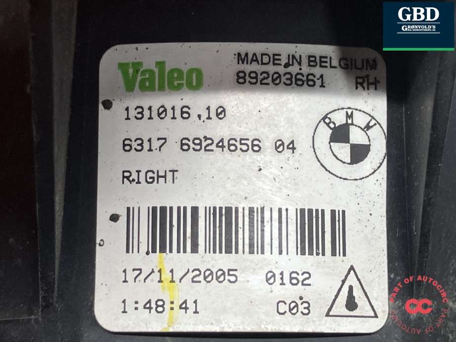 Tåkelykt høyre foran til BMW 1-Serie 2004-2011 (E81/E82/E87/E88) (E81/E82/E87/E88) (VALEO|63 17 6 924 656|89203661|)