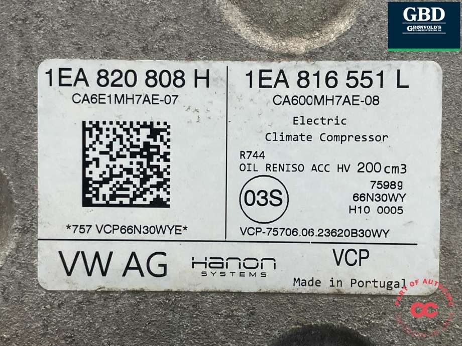 Aircondition kompressor elbil til Škoda Enyaq 2021-->> (HANON|1EA 820 808 H|1EA 816 551 L|)