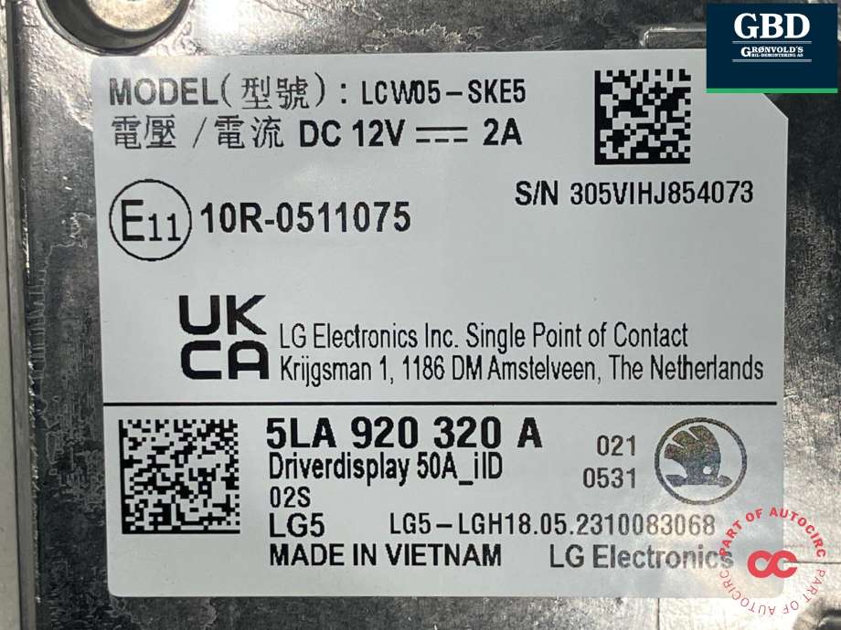 Instrumentpanel til Škoda Enyaq 2021-->> (LG|5LA 920 320 A|LCW05-SKE5|)