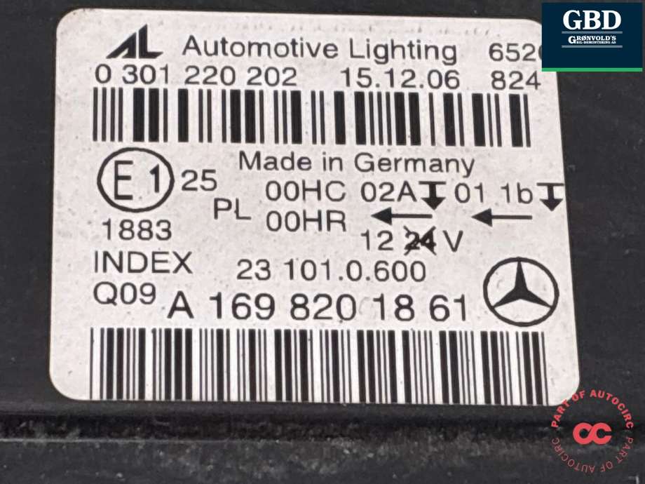 Frontlykt høyre halogen til Mercedes B-Klasse 2005-2008 (Fase 1) (W245) (W245) (A 169 820 18 61|)