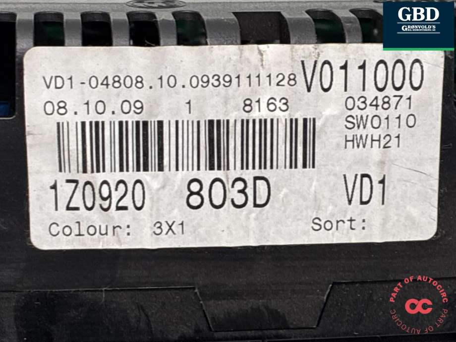 Instrumentpanel til Škoda Octavia 2009-2013 (Type II, Fase 2)  (1Z0 920 803 D|1Z0 920 803 D  KD0|)