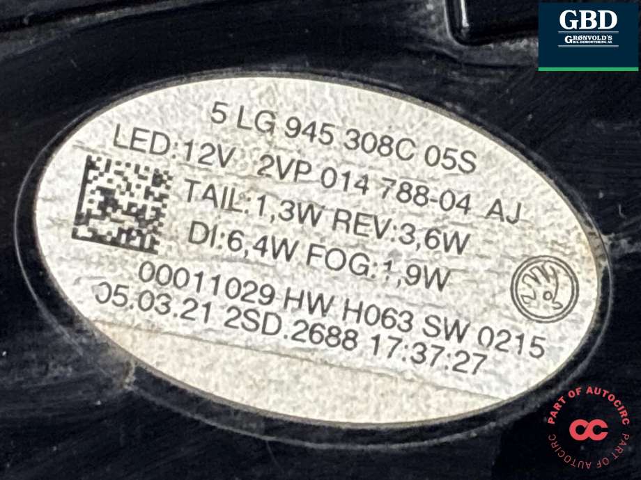 Baklykt høyre indre til Škoda Enyaq 2021-->>  (5LG 945 308 D|5LG 945 308 C|5LG945308C 05S)