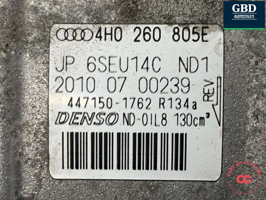 Aircondition kompressor til Audi A8 2010-2013 (Type III, Fase 1) (DENSO|4H0 260 805 E|447150-1762|)