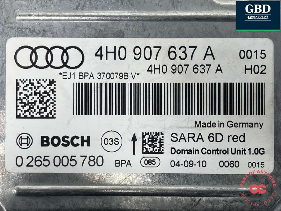 Styreenhet airbag hovedsensor til Audi A8 2010-2013 (Type III, Fase 1)  (BOSCH|4H0 907 637 L|4H0 907 637 A|0 265 005 780)