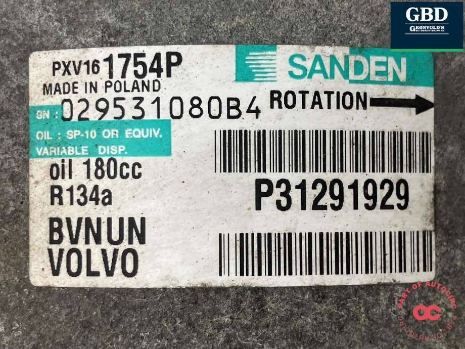Aircondition kompressor til Volvo C30 2010-2012 (Fase 2) (SANDEN|36000962|31291929|)