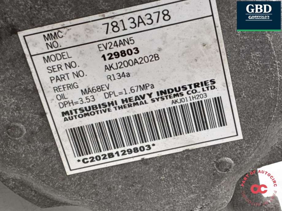 Aircondition kompressor til Mitsubishi Outlander 2015-->> (Type III, Fase 2)  (7813A483|7813A378|AKJ200A202B)