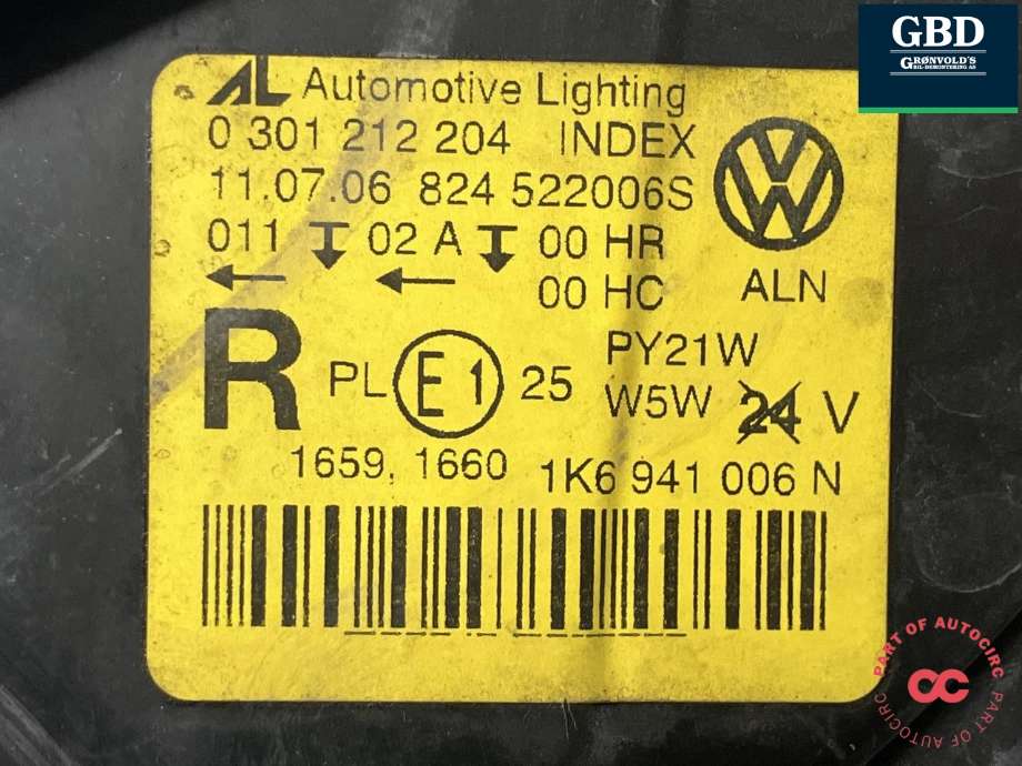 Frontlykt høyre halogen til VW Golf V, Combi 2003-2008  (1K6 941 030 P|1K6 941 006 N|0 301 212 204)