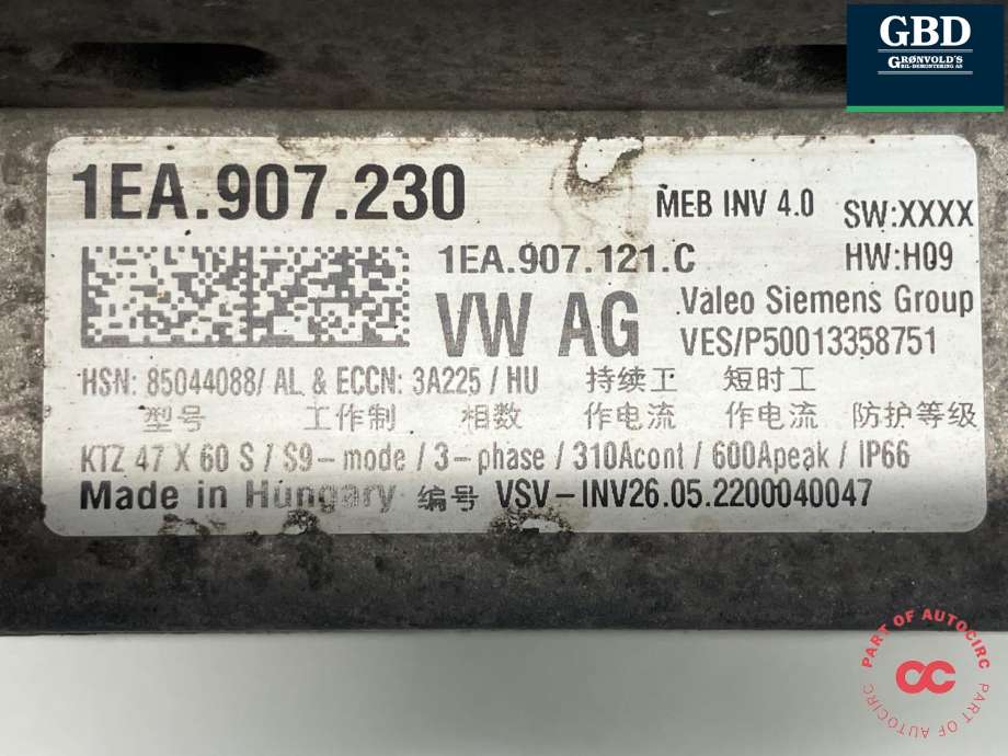 Inverter elbil til VW ID.BUZZ 2022-->> (1EA 907 121 AC|1EA 907 128 BX|1EA907230)