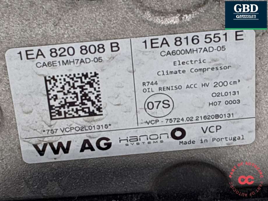 Aircondition kompressor elbil til Škoda Enyaq 2021-->> (1EA 820 808 H|1EA 820 808 B|1EA816551E)