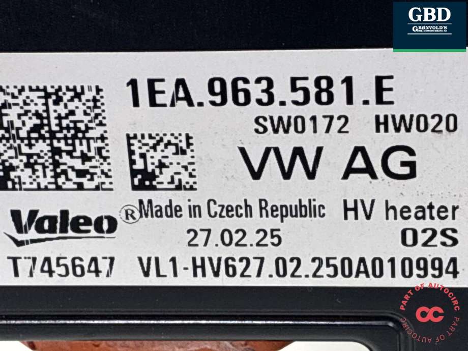 Varmeapparat PTC-heater til VW ID.4 2020-->> (1EA 963 221 G|1EE 963 221 C|1EA 963 581 E)